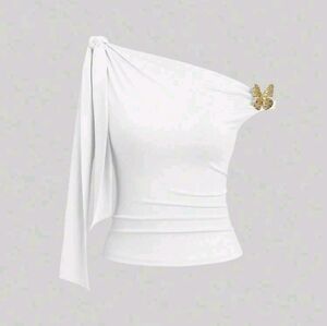 Sweetra Oblique Shoulder Bow Tie Blouse